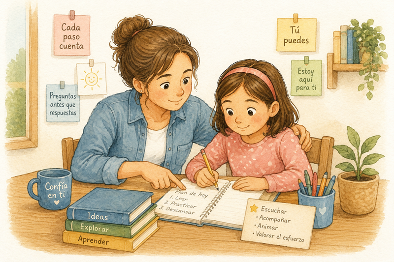 Madre e hija trabajando juntas en actividades educativas con ilustraciones motivadoras