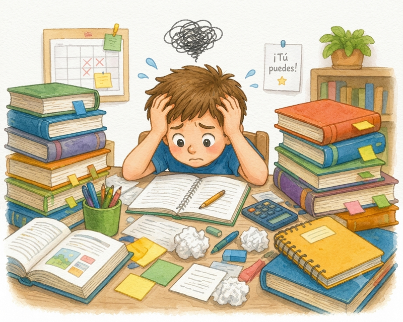 Ilustración de niño frustrado rodeado de libros y tareas escolares