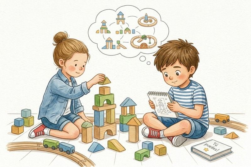 Niños jugando con bloques y construyendo juntos