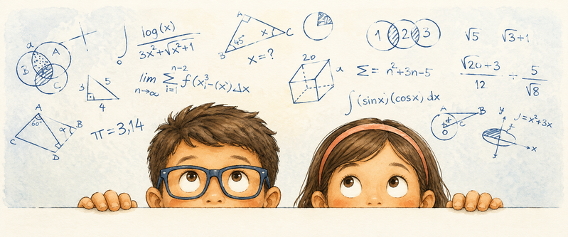 Niños curiosos asomándose sobre fórmulas matemáticas y cálculos